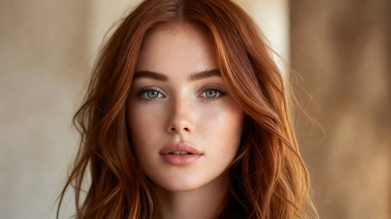 Primer plano de una mujer con cabello teñido ondulado en tono cobre bajo luz natural cálida