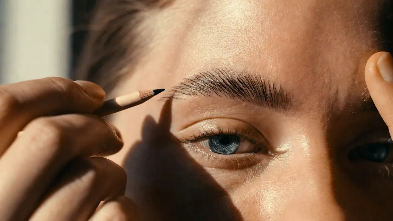 Primer plano de una persona delineando su ceja con lápiz cosmético, definiendo el diseño de cejas