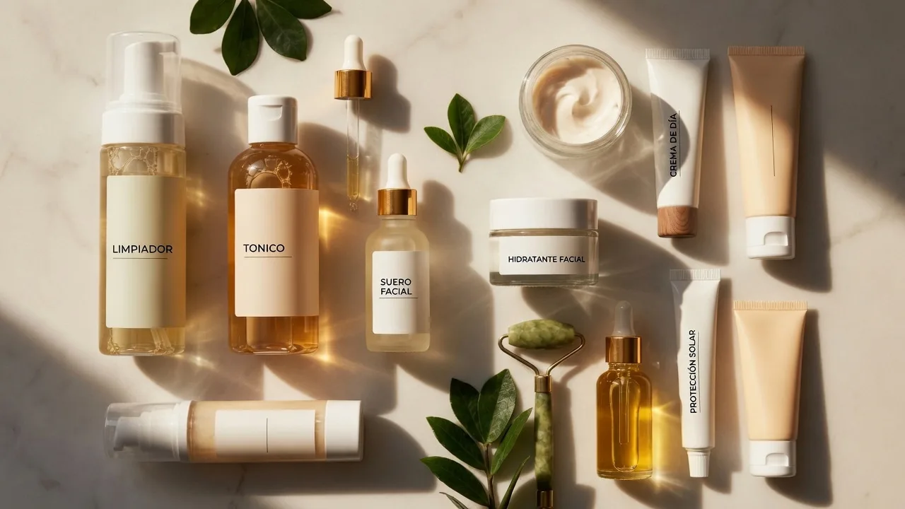 Productos de skincare alineados en el orden correcto de aplicación sobre una superficie blanca