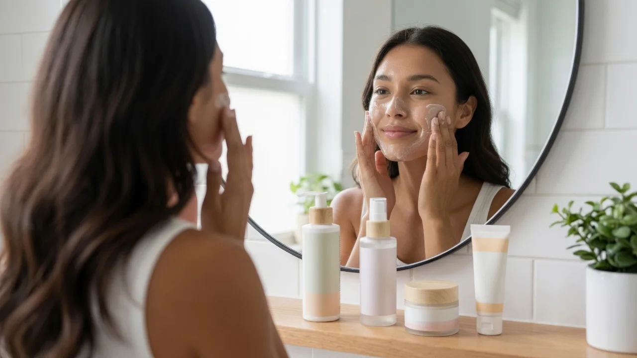 Productos de skincare ordenados: limpiador, sérum, humectante y bloqueador solar