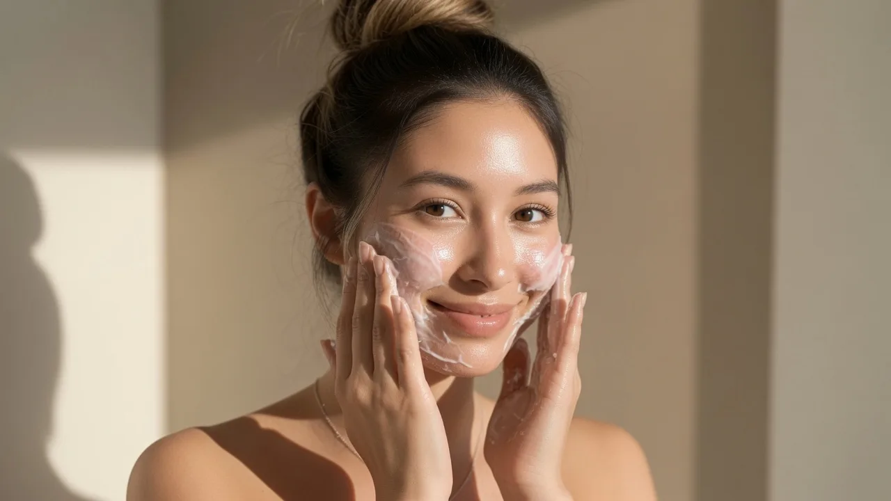 Mujer con piel saludable aplicando sérum en su rostro con luz natural